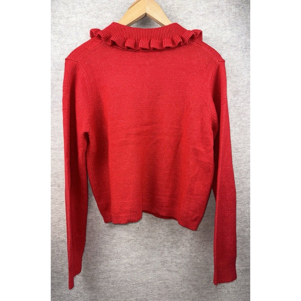 Double Zero Women’s Size Medium Full Button Red Cardigan With Frill Collar - Picture 2 of 6